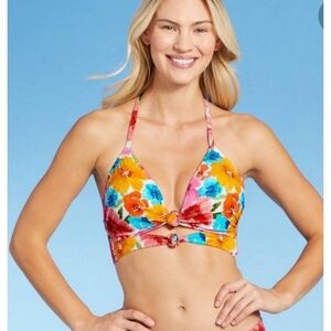 Shade & Shore Lightly Lined Longline Double Knot Bikini top Floral Size 34C